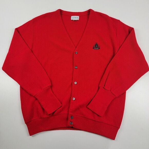 Izod Sweater Mens XL Red Cardigan Button Up Embroidered Preppy Dress Vintage 90s - Picture 1 of 10
